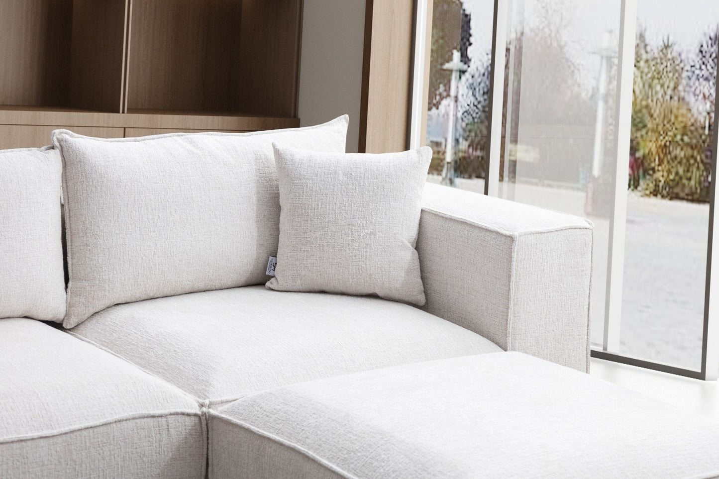 Canapé ELEGANCE Chenille Modulable Blanc Cassé 4+1 Pouf