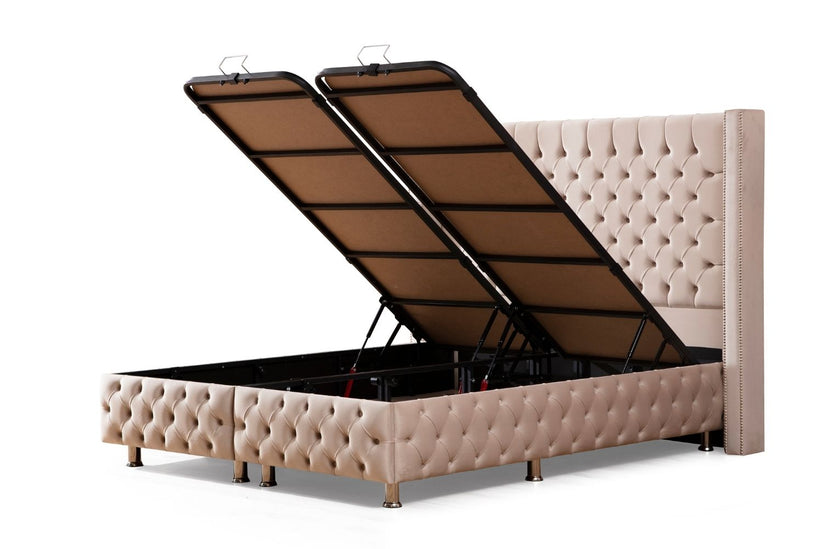 Lit Coffre 1 Place CLOUTÉ BEIGE - Velours