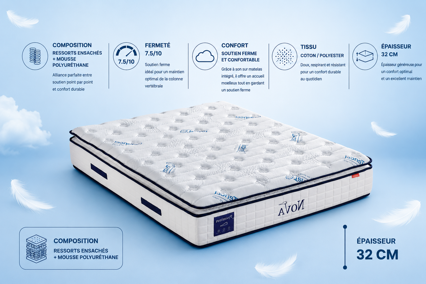 Matelas Nova 32cm d'épaisseur + sur-matelas integré
