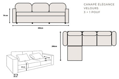 Canapé ELEGANCE Velours Modulable 3+1 Pouf